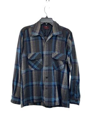 Vintage Wool Flannel Shirt Mens M Blue Plaid Royal Knight Button Front Used